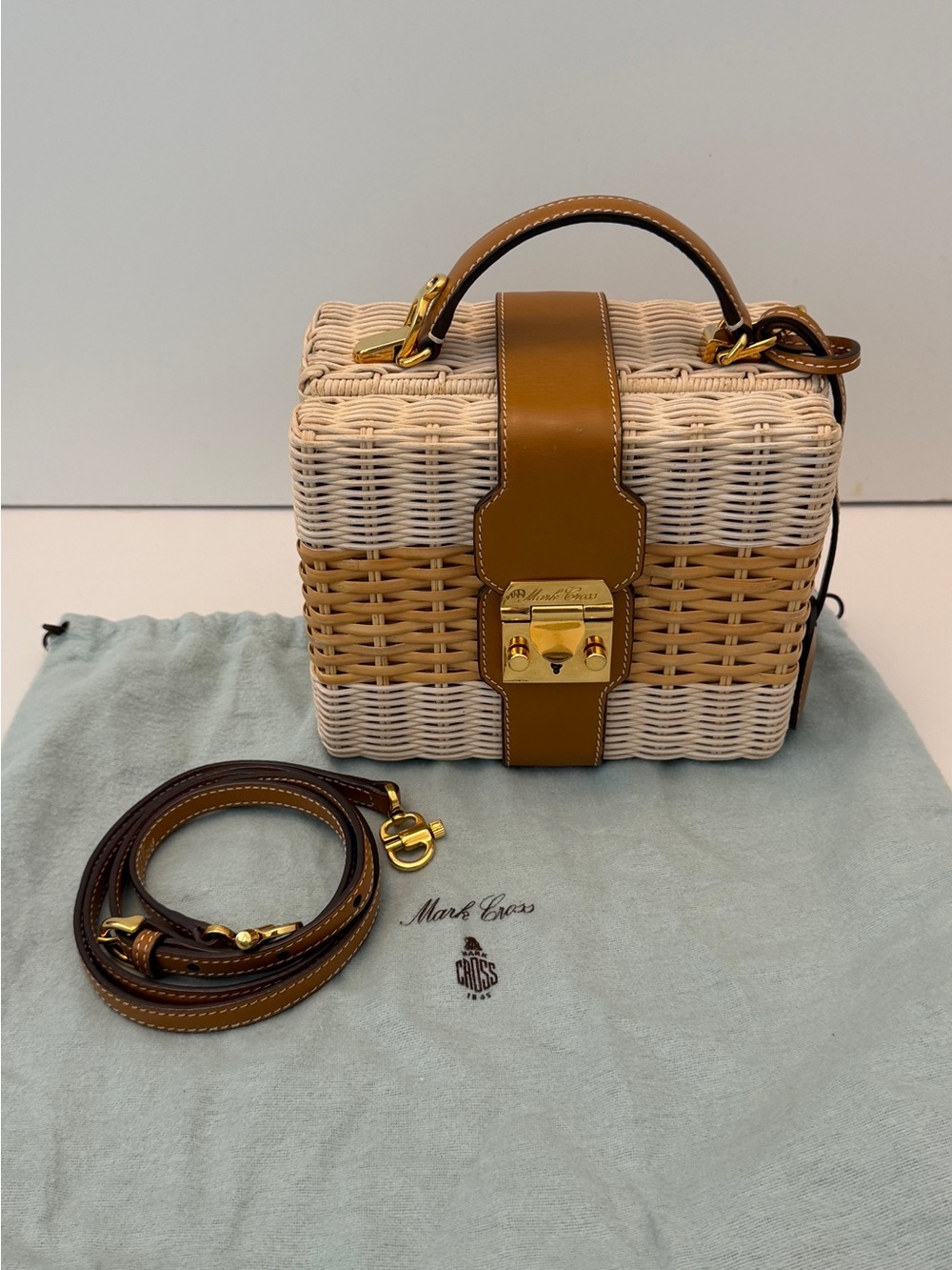Mark Cross Harley Rattan Wicker & Brown Leather Box Bag